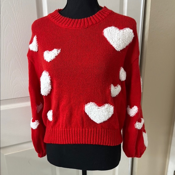 SHEIN Red and White Heart Crew Neck Sweater - Picture 1 of 3